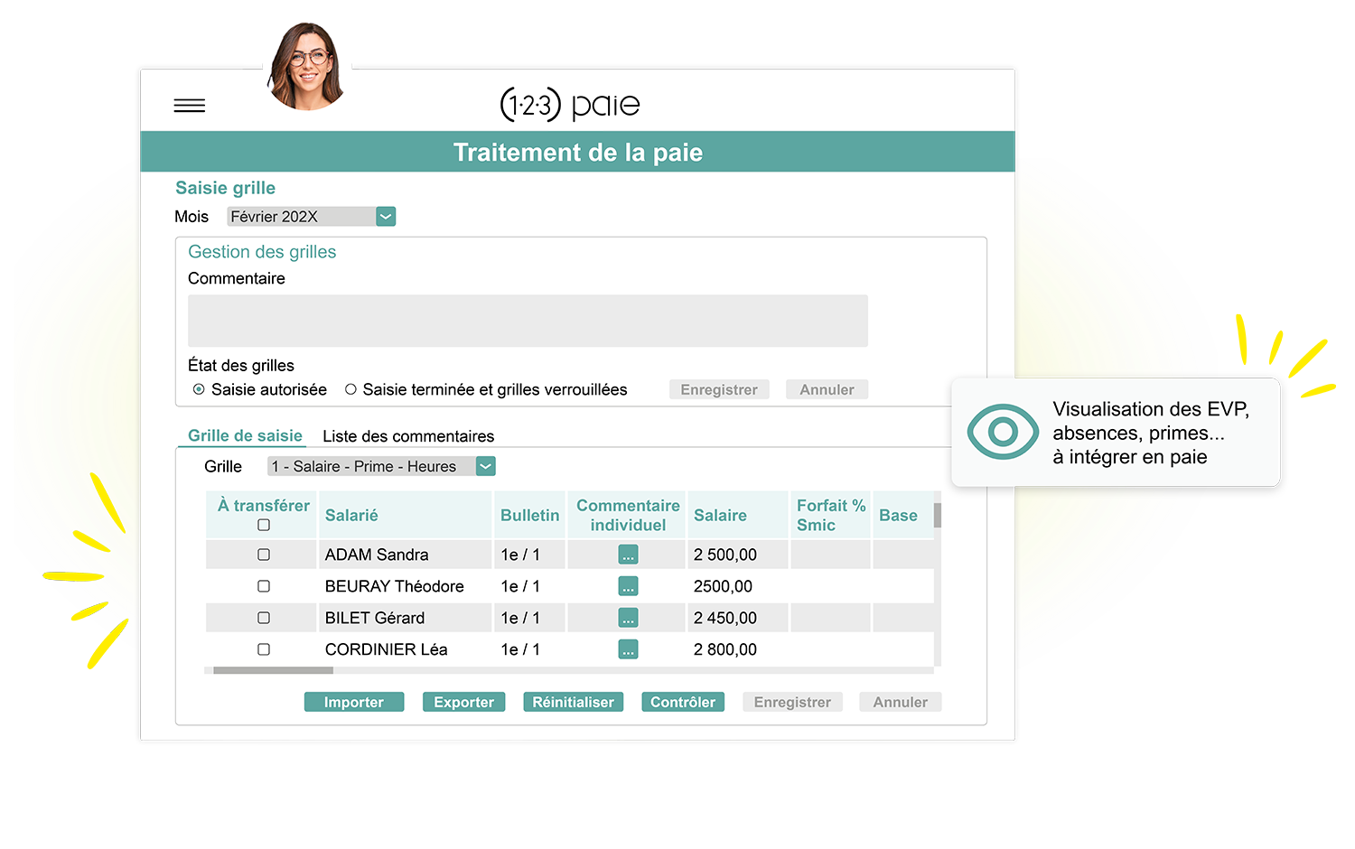 Grille de saisie Kelio pour le contrôle des éléments variables de paie (EVP), primes et absences