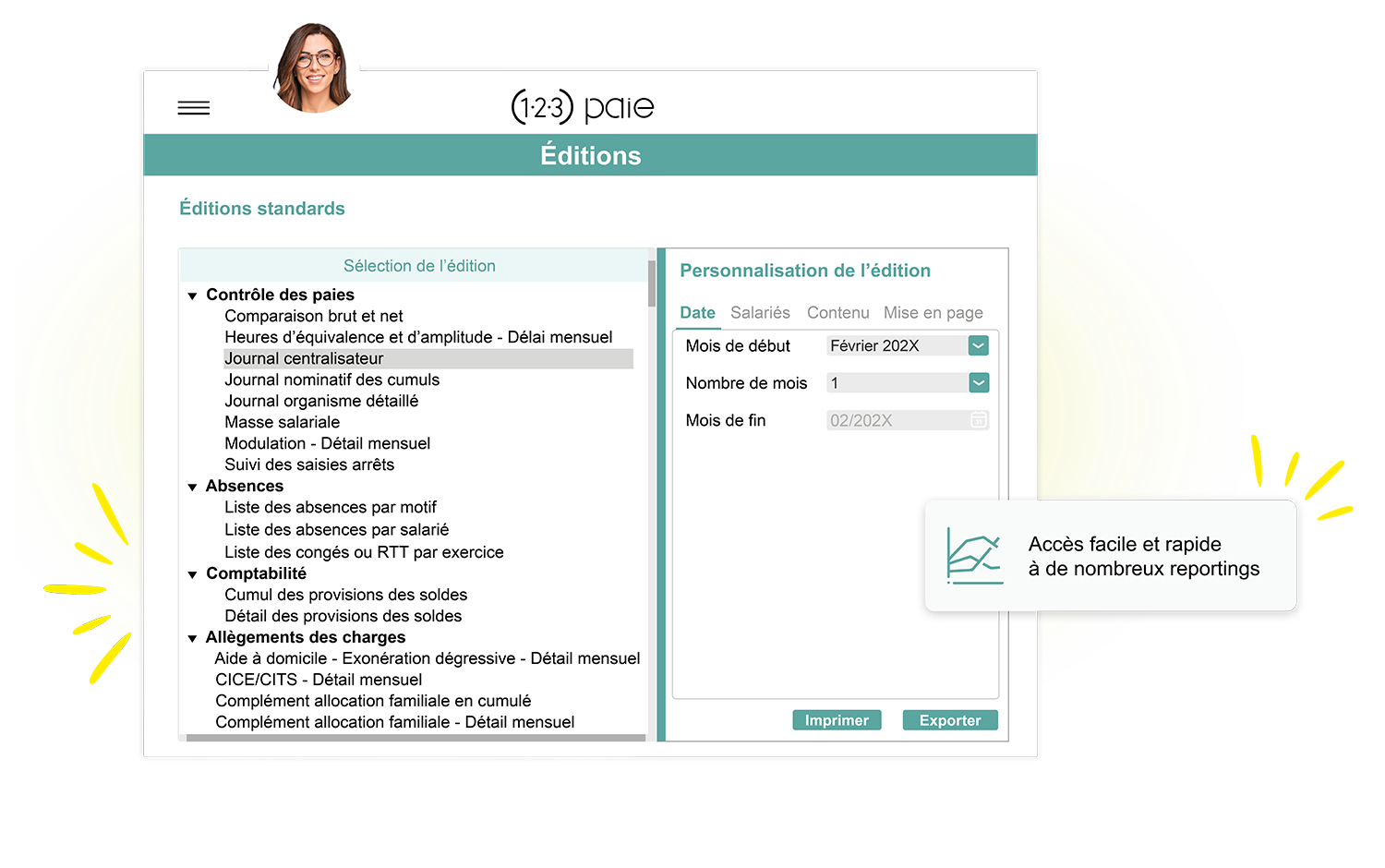 Interface Kelio d'éditions de rapports de paie, suivi de la masse salariale et indicateurs RH.