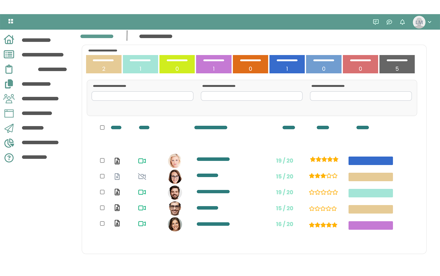 Tableau de bord Kelio ATS centralisant le suivi des candidatures et le scoring automatique des profils.