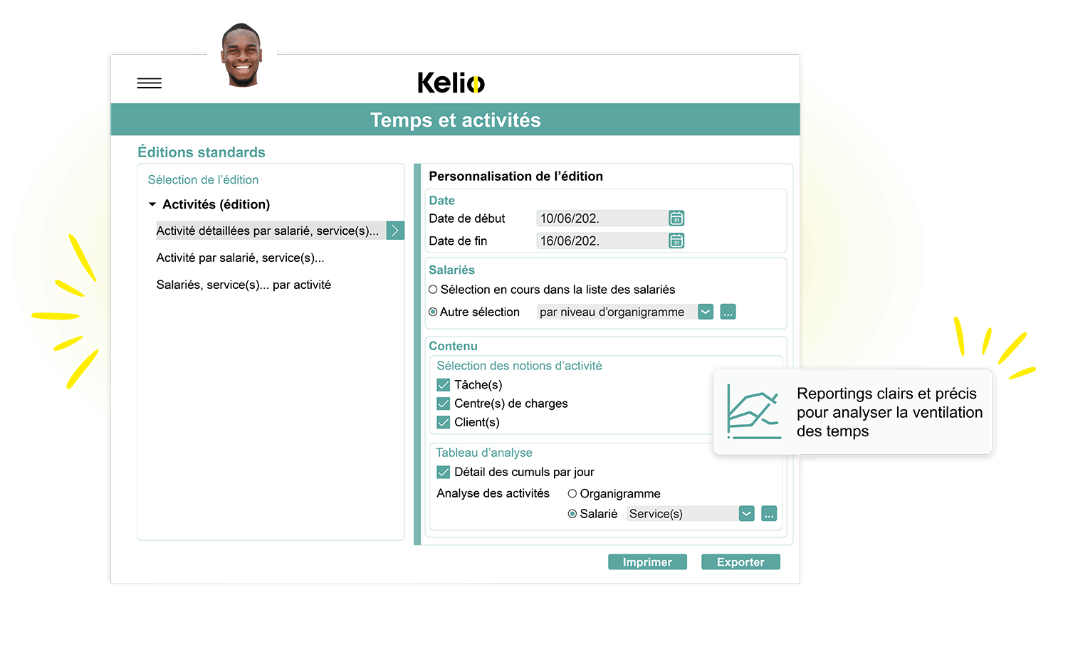 Interface Kelio de personnalisation des éditions de reporting et tableaux de bord analytiques des temps d'activité