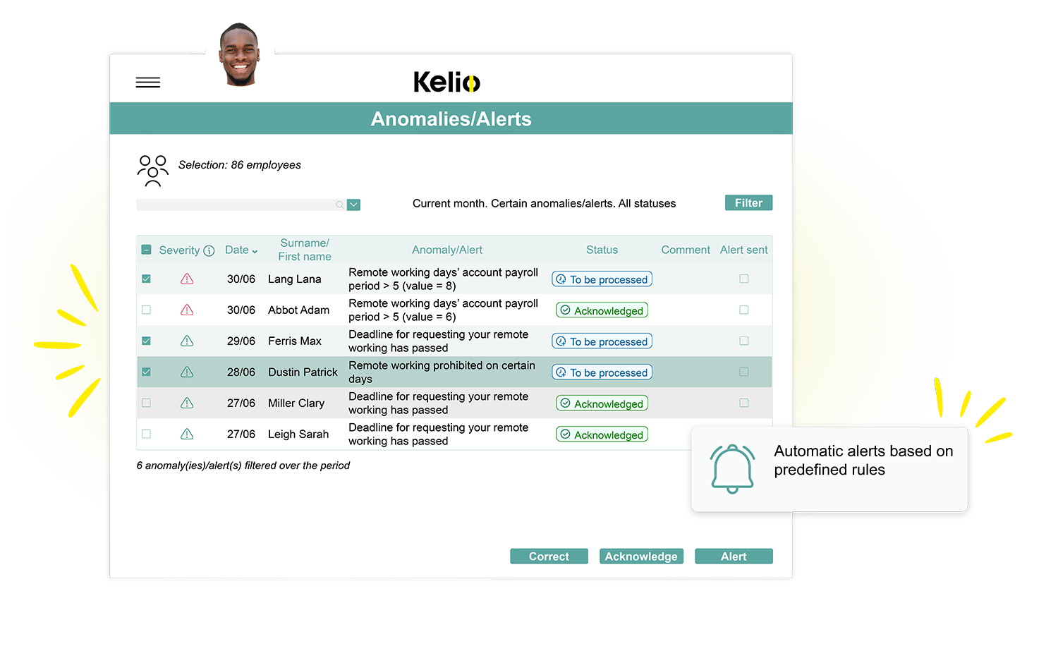 Screenshot of the Kelio software highlighting the alerts received by the user