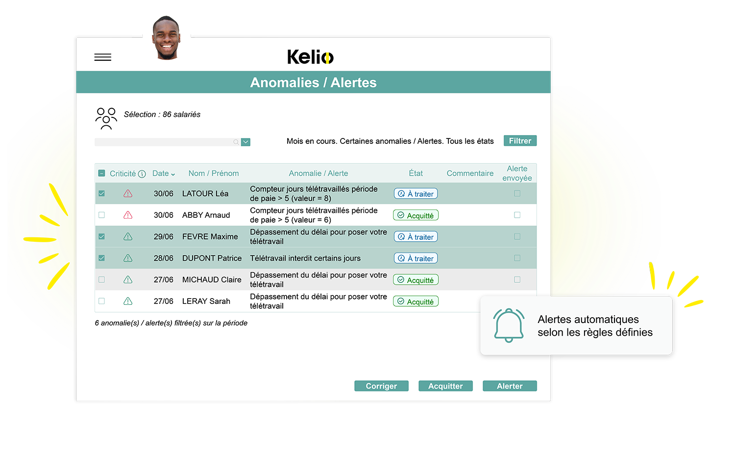 Capture d'écran du logiciel Kelio mettant en avant les alertes que reçoit l'utilisateur