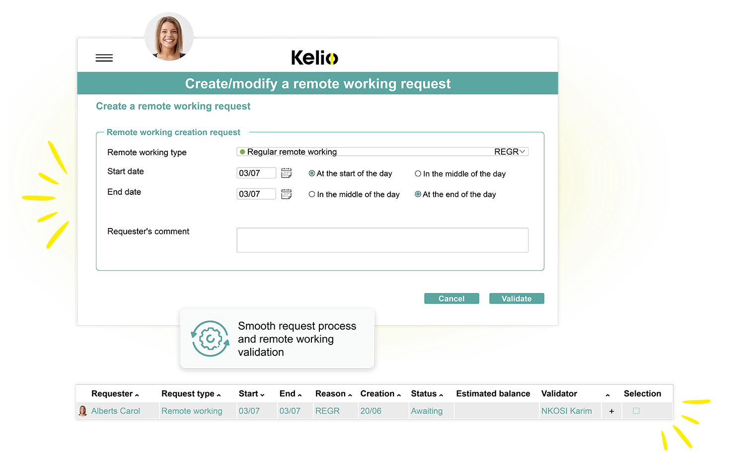 Screenshot of the Kelio software highlighting the process for requesting and approving remote working