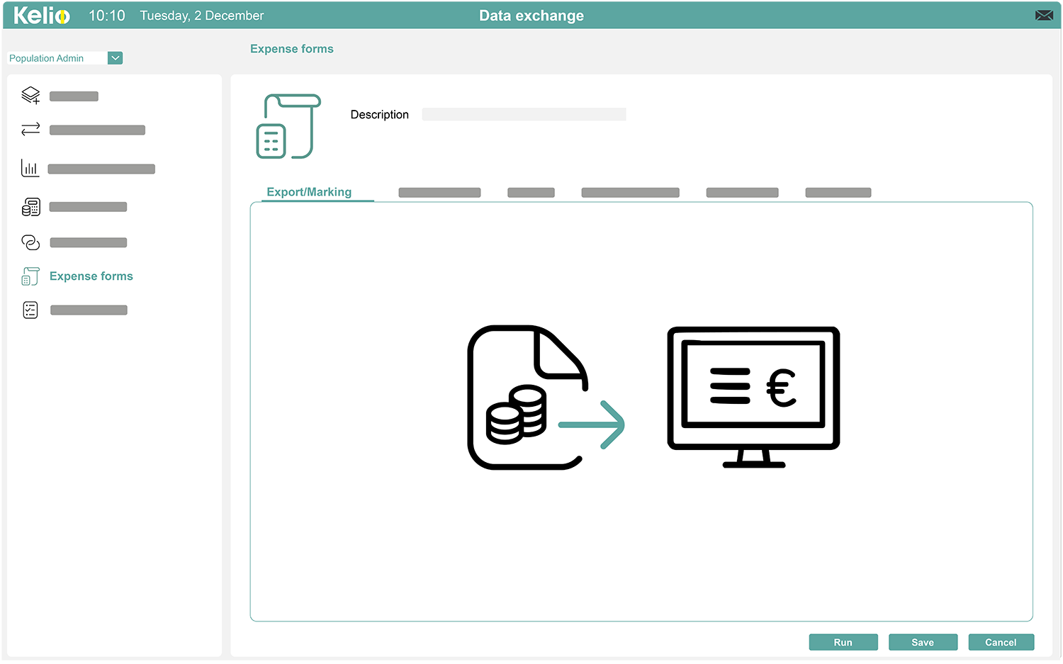 Kelio software expense form screen for integrating data to financial tools