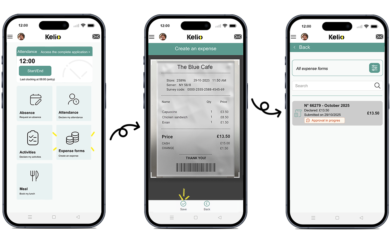 Kelio software expense form screen to enter receipts automatically