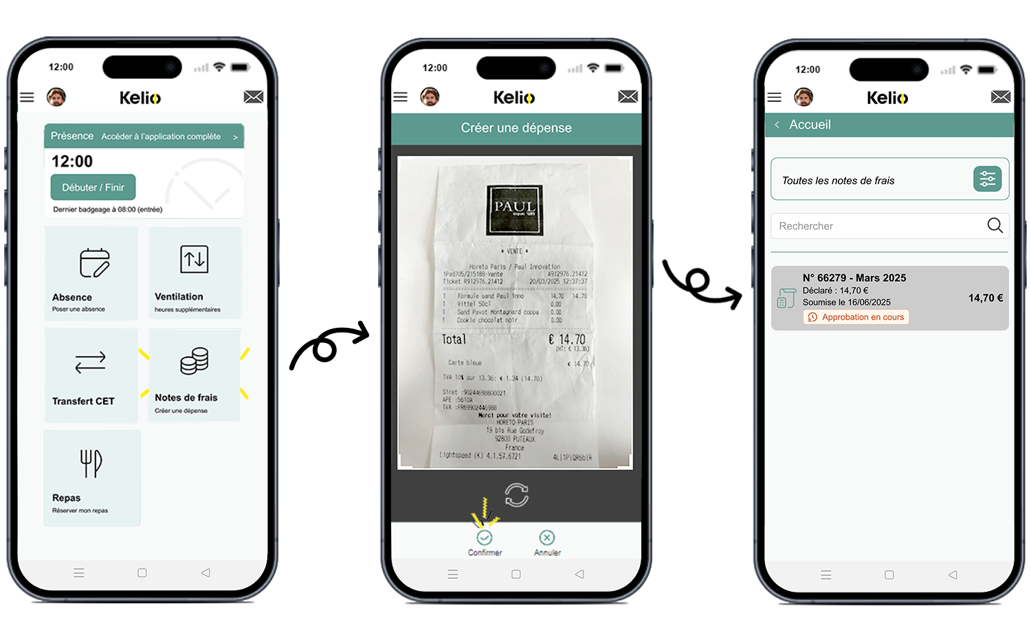 Ecran notes de frais du logiciel Kelio pour saisir automatiquement les justificatifs
