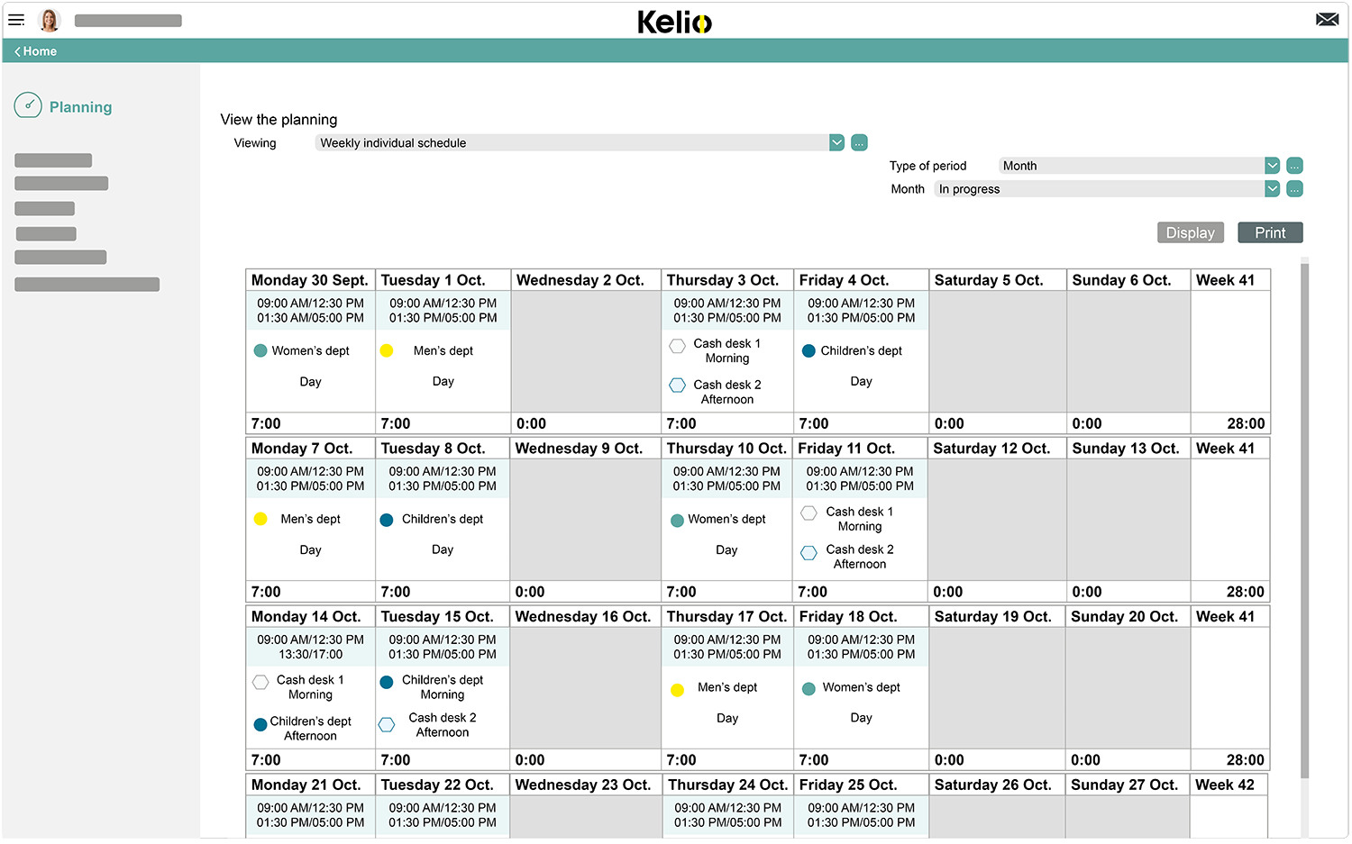 Kelio software planning screen for employees