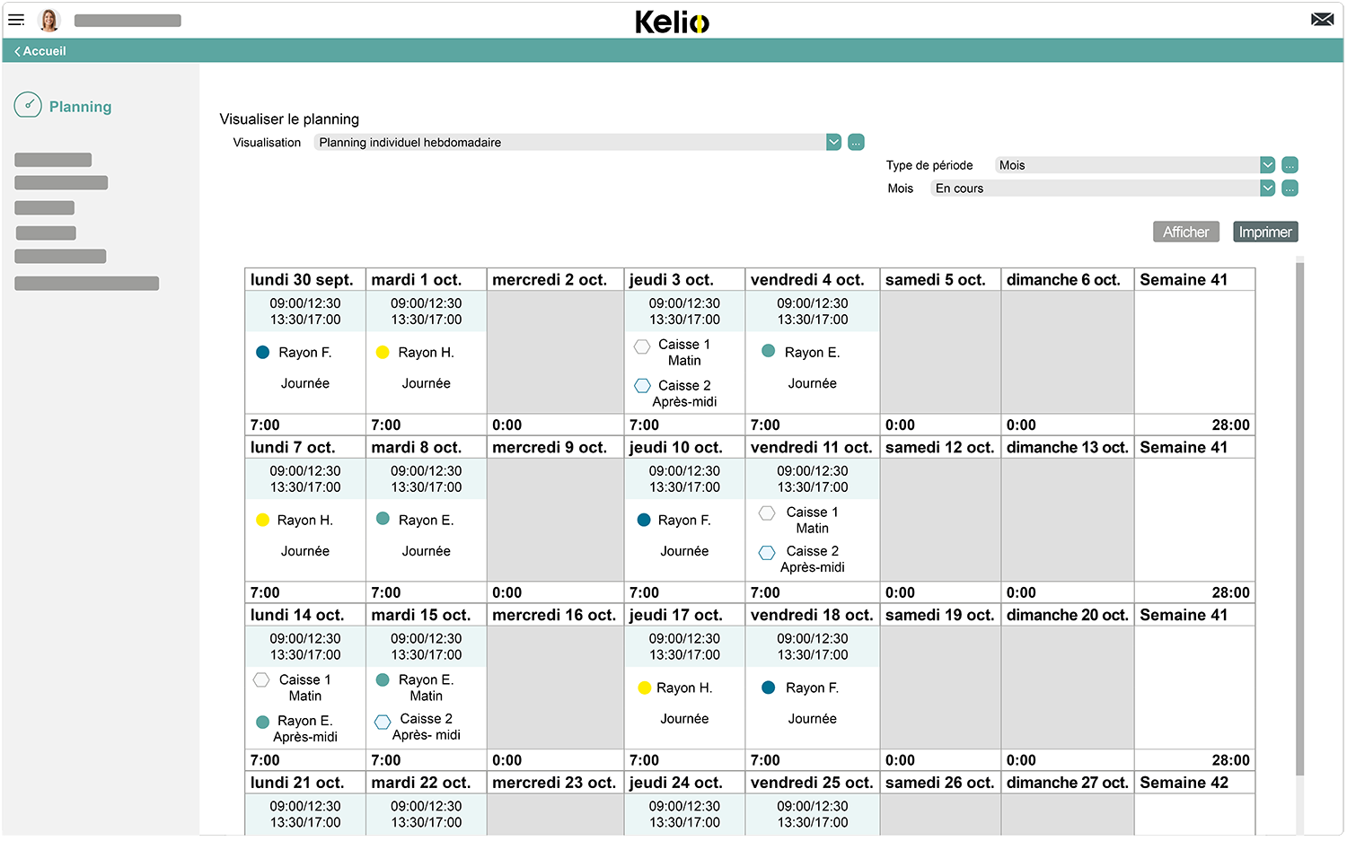 Ecran planification du logiciel Kelio pour les collaborateurs