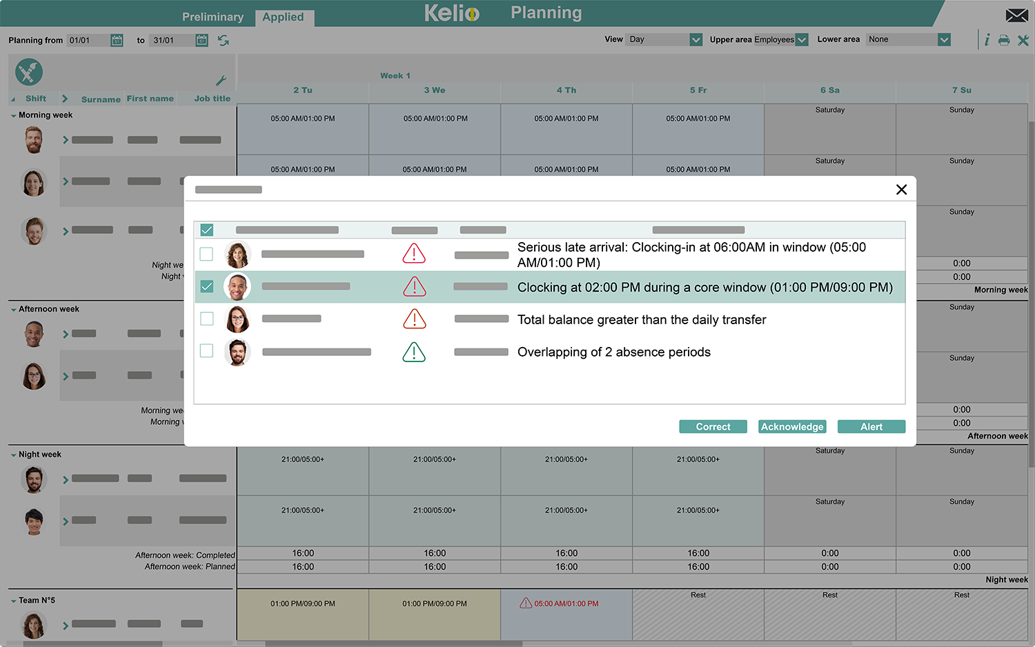 Kelio software planning screen for managers