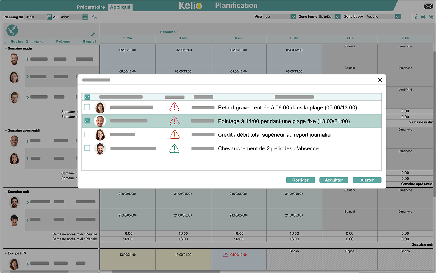 Ecran planification du logiciel Kelio pour les managers