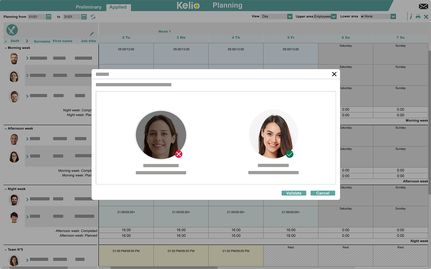 Kelio software planning screen for staff allocation