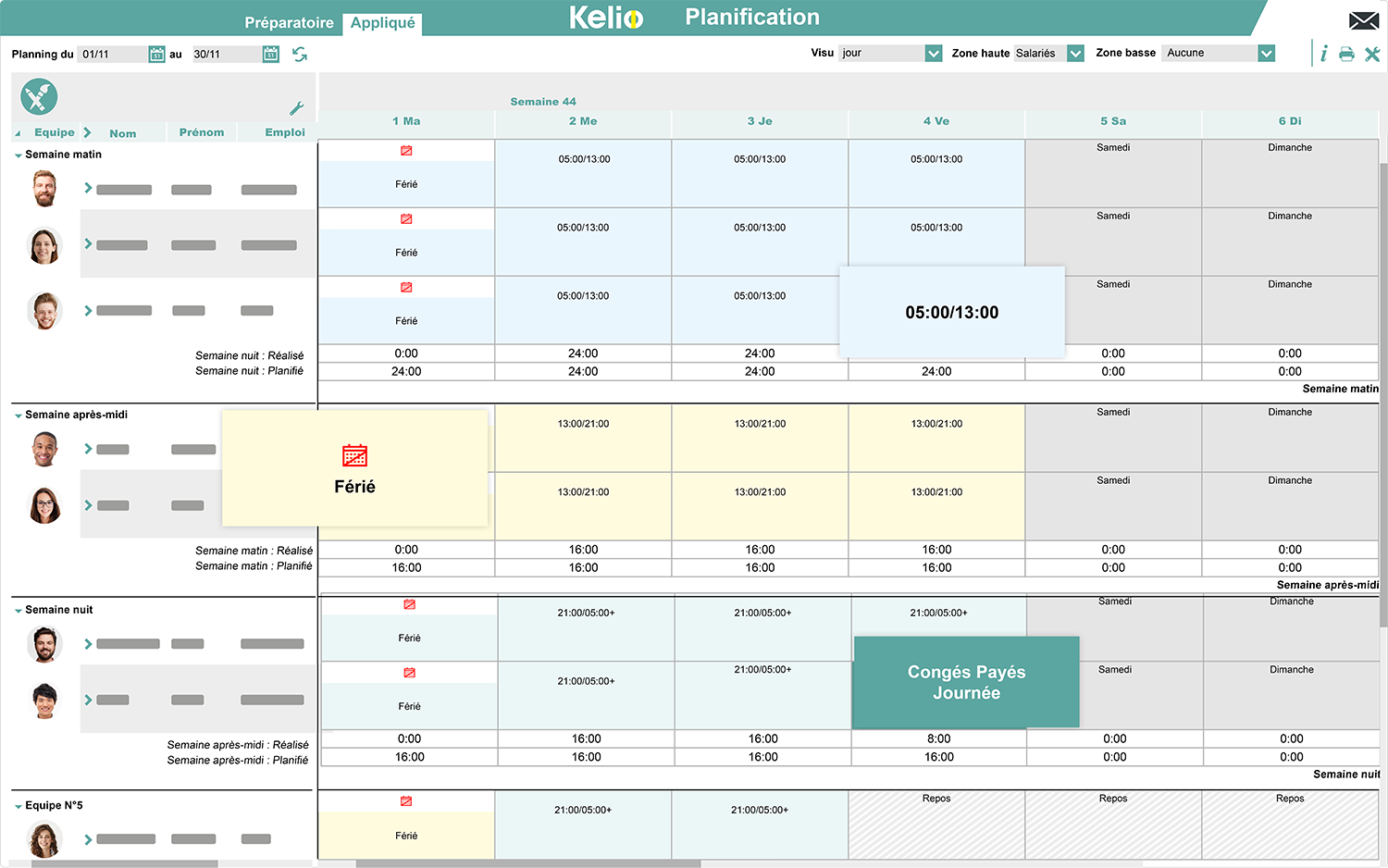 Ecran planification du logiciel Kelio