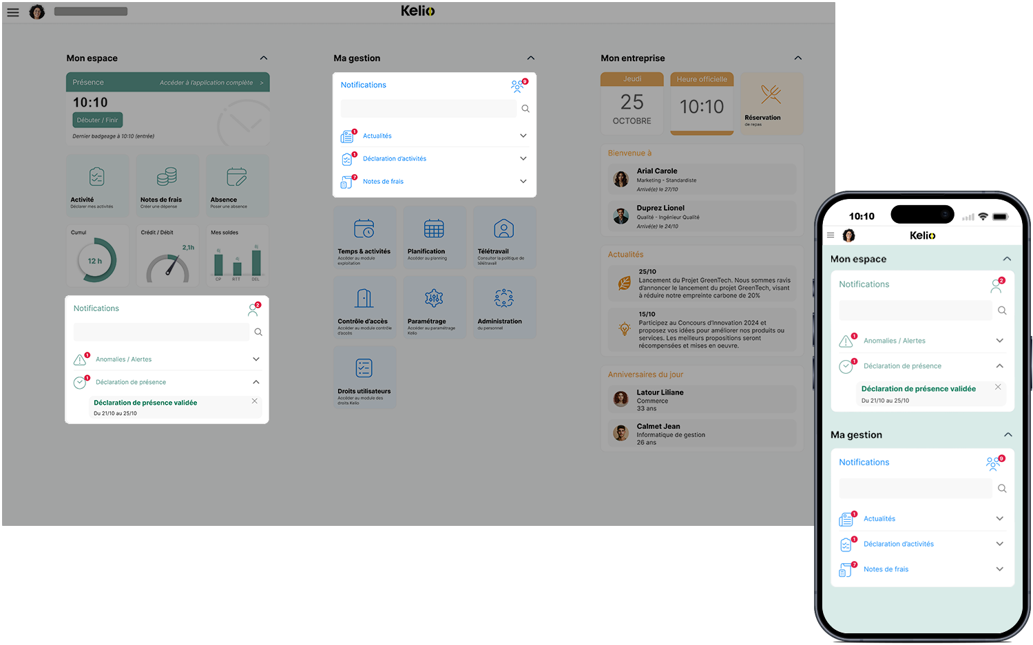 Interface Kelio affichant les notifications RH en temps réel sur ordinateur et smartphone