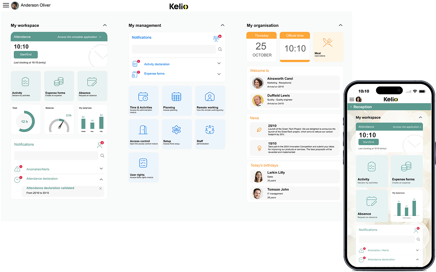 Kelio’s HR portal for employees, complete with an intuitive tiles menu for submitting requests for leave and balances