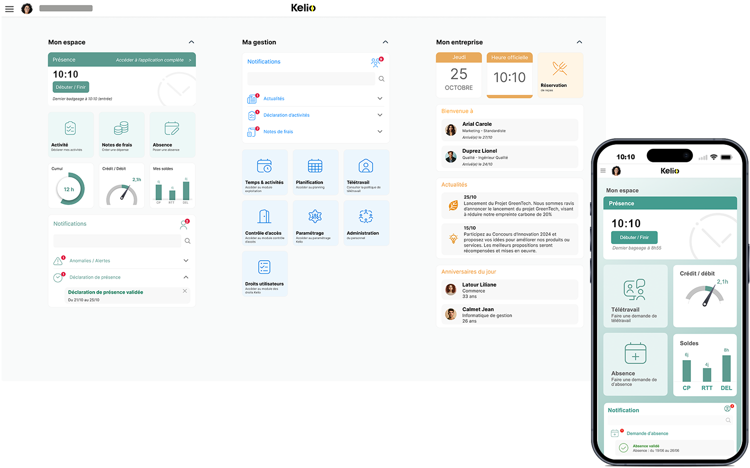 Portail RH Kelio pour salariés avec menu par vignettes intuitives pour les demandes de congés et soldes