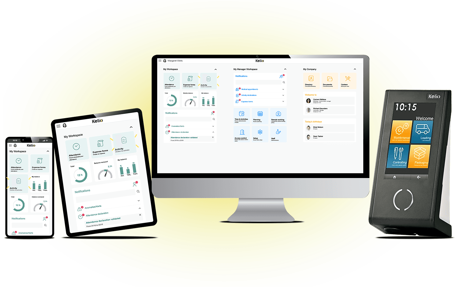Cross-platform overview of Kelio’s time-recording tools, including smartphones, tablets, PCs and time-and-attendance terminals