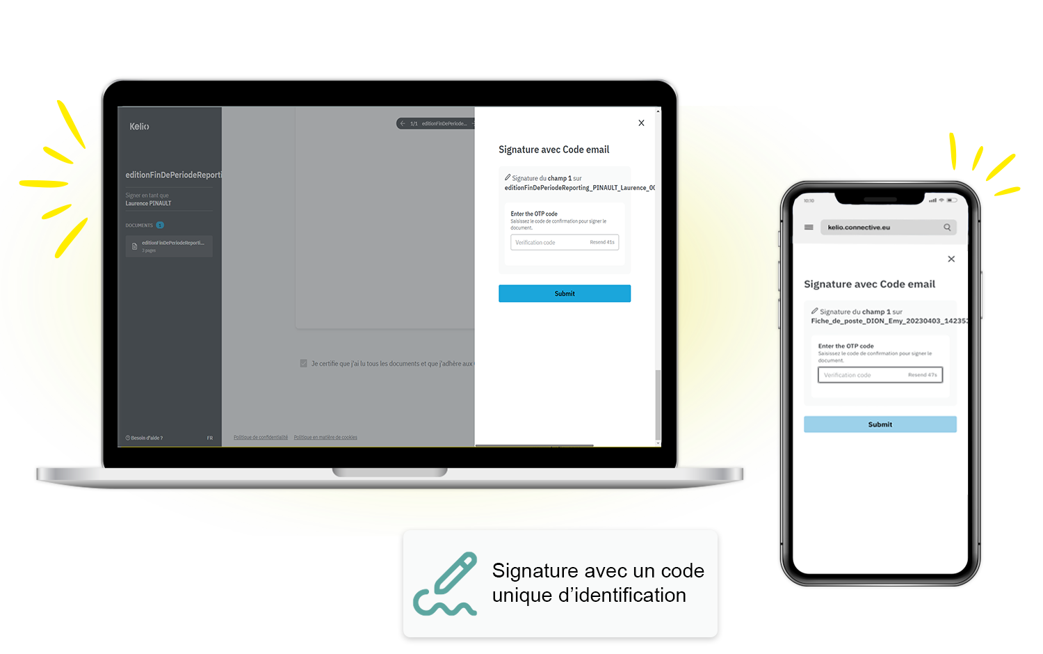 Interface de signature électronique Kelio sécurisée par code unique sur ordinateur et smartphone.
