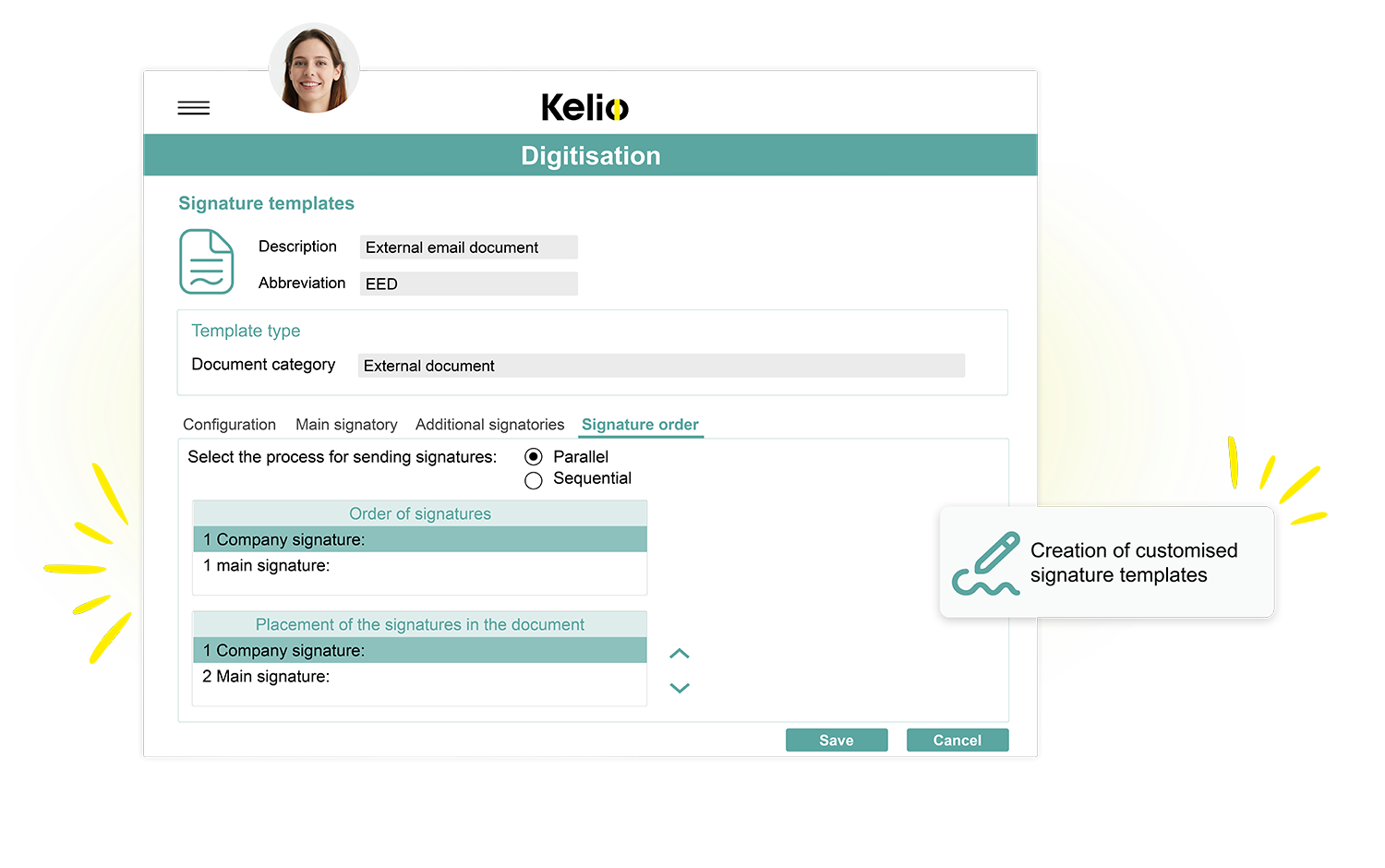 Kelio interface for configuring the order of signature and electronic signature templates.