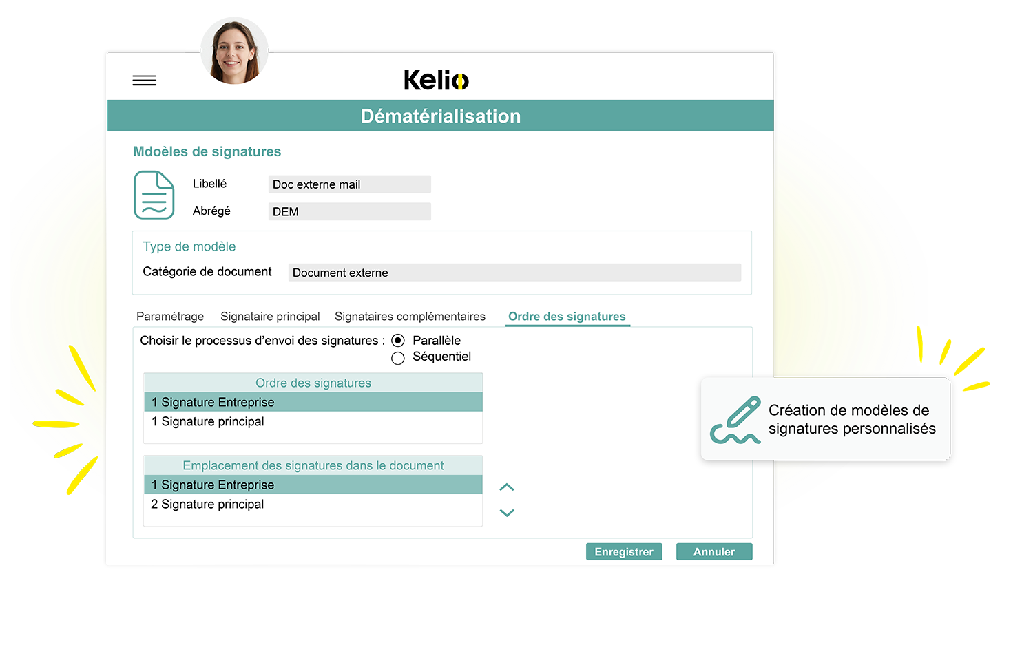 Interface Kelio de configuration de l'ordre et des modèles de signatures électroniques.