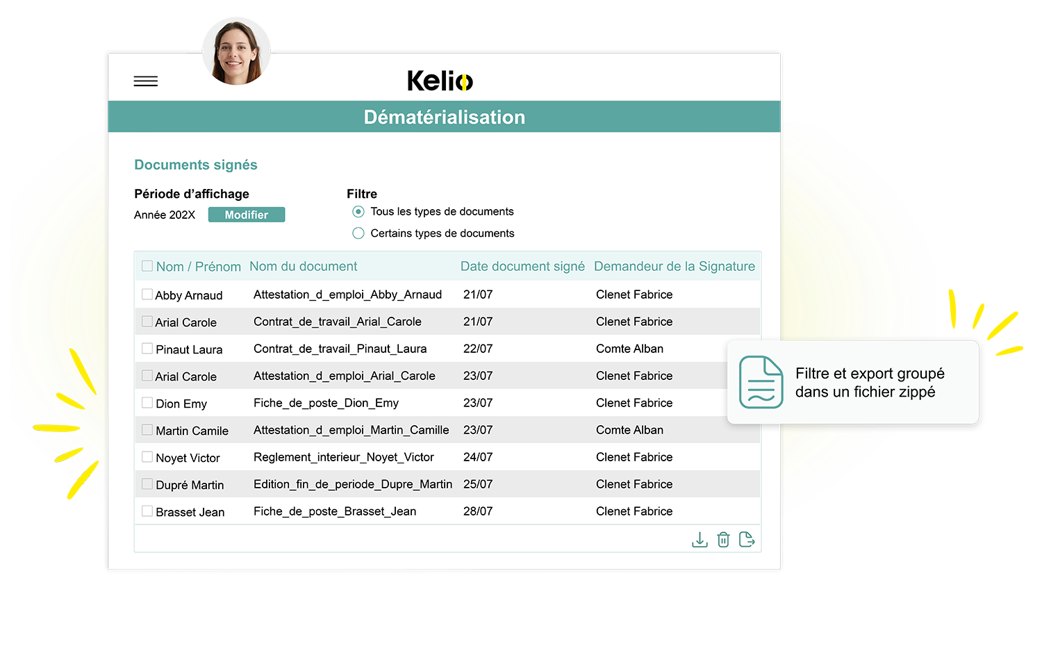Interface Kelio d'archivage et d'exportation groupée de documents signés électroniquement.