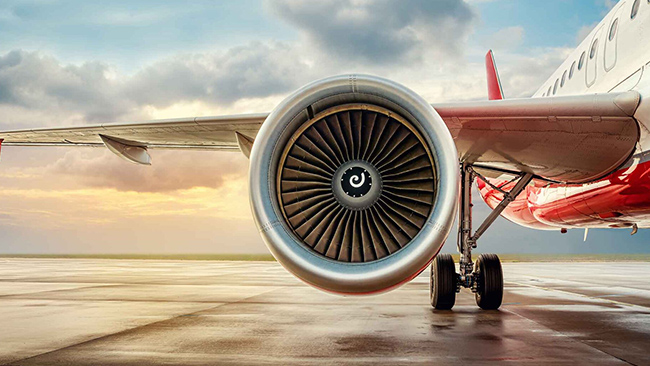 Réacteur d'avion illustrant le témoignage du client Aequs Aerospace accompagnée par Kelio.