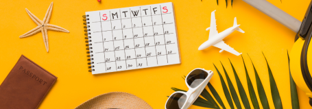 Calendrier, lunette de soleil, avion, passeport