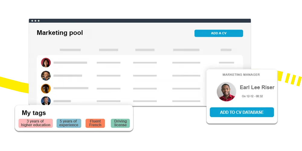 The Kelio CV database interface: managing a pool of applicants using skills tags and GDPR compliance.