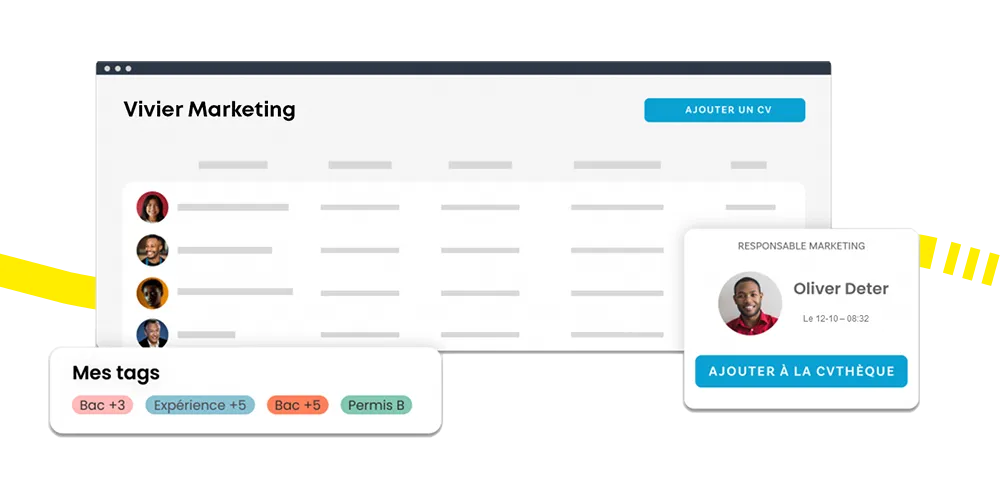 Interface de la CVthèque Kelio : gestion du vivier de candidats avec tags de compétences et conformité RGPD.