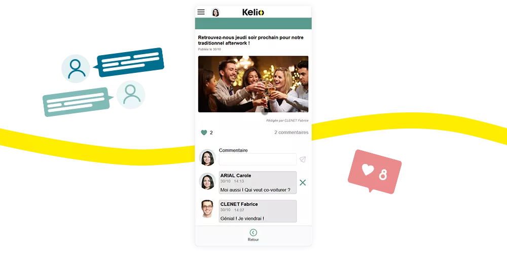 Portail Kelio mode réseau social : actualités, témoignages et interactions (likes, commentaires) des salariés