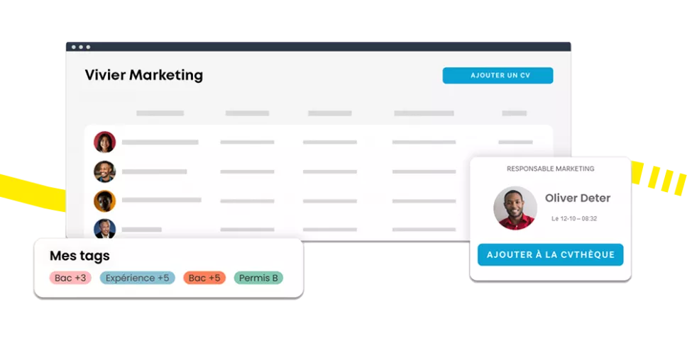 Interface de la CVthèque Kelio : gestion du vivier de candidats avec tags de compétences et conformité RGPD.