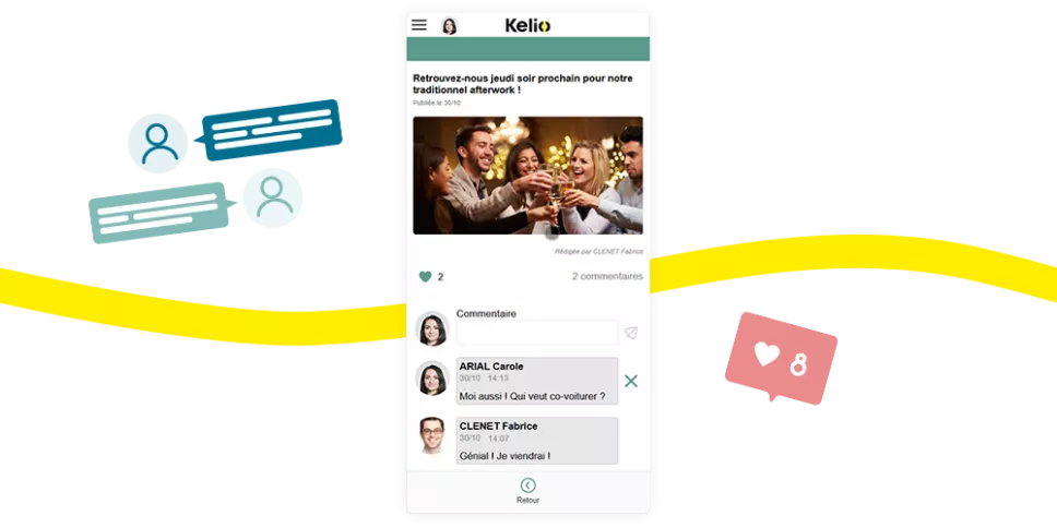 Portail Kelio mode réseau social : actualités, témoignages et interactions (likes, commentaires) des salariés