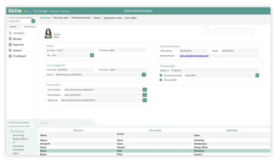 Screenshot from Kelio personnel management software displaying all HR information relating to an employee