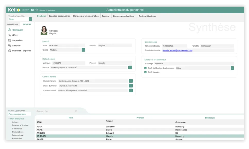 Ecran du logiciel de gestion du personnel Kelio présentant toutes les informations RH liées à un collaborateur