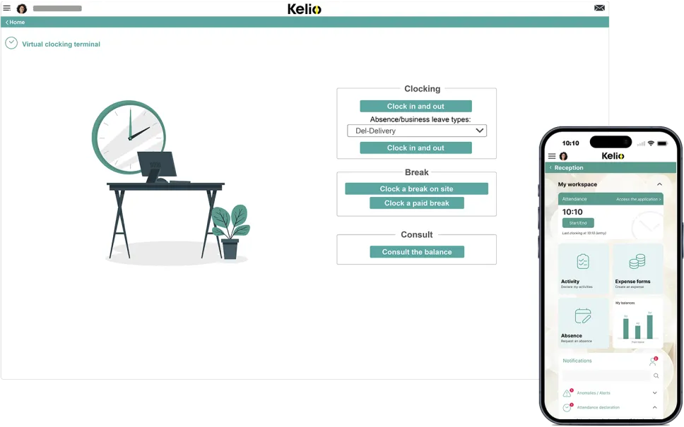 Kelio software time management screen for virtual clocking in
