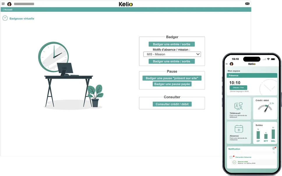 Ecran gestion des temps du logiciel Kelio pour badger virtuellement