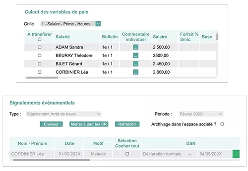 Ecran de calcul des variables de paie et écran de la DSN évènementielle