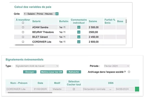 Ecran de calcul des variables de paie et écran de la DSN évènementielle