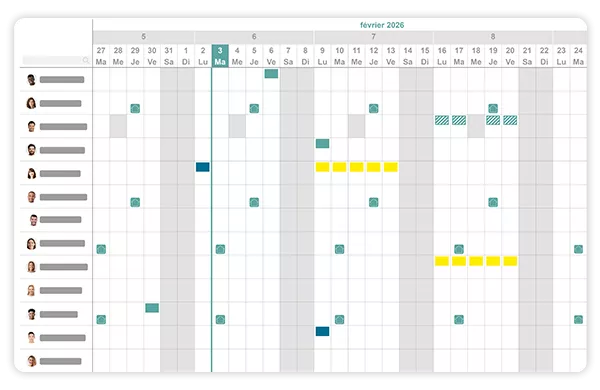 Planning collaboratif Kelio pour la visualisation des absences et congés des collaborateurs en temps réel.
