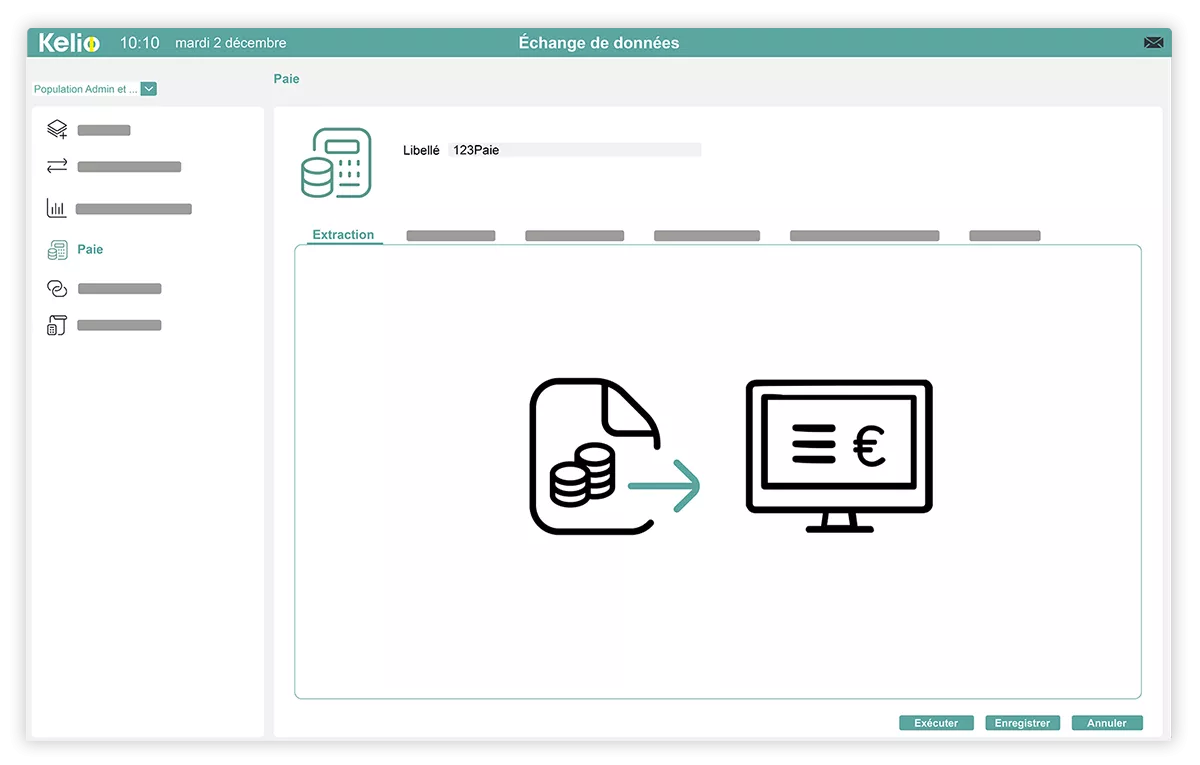 Ecran du logiciel Kelio permettant de transférer les données pour la paie 