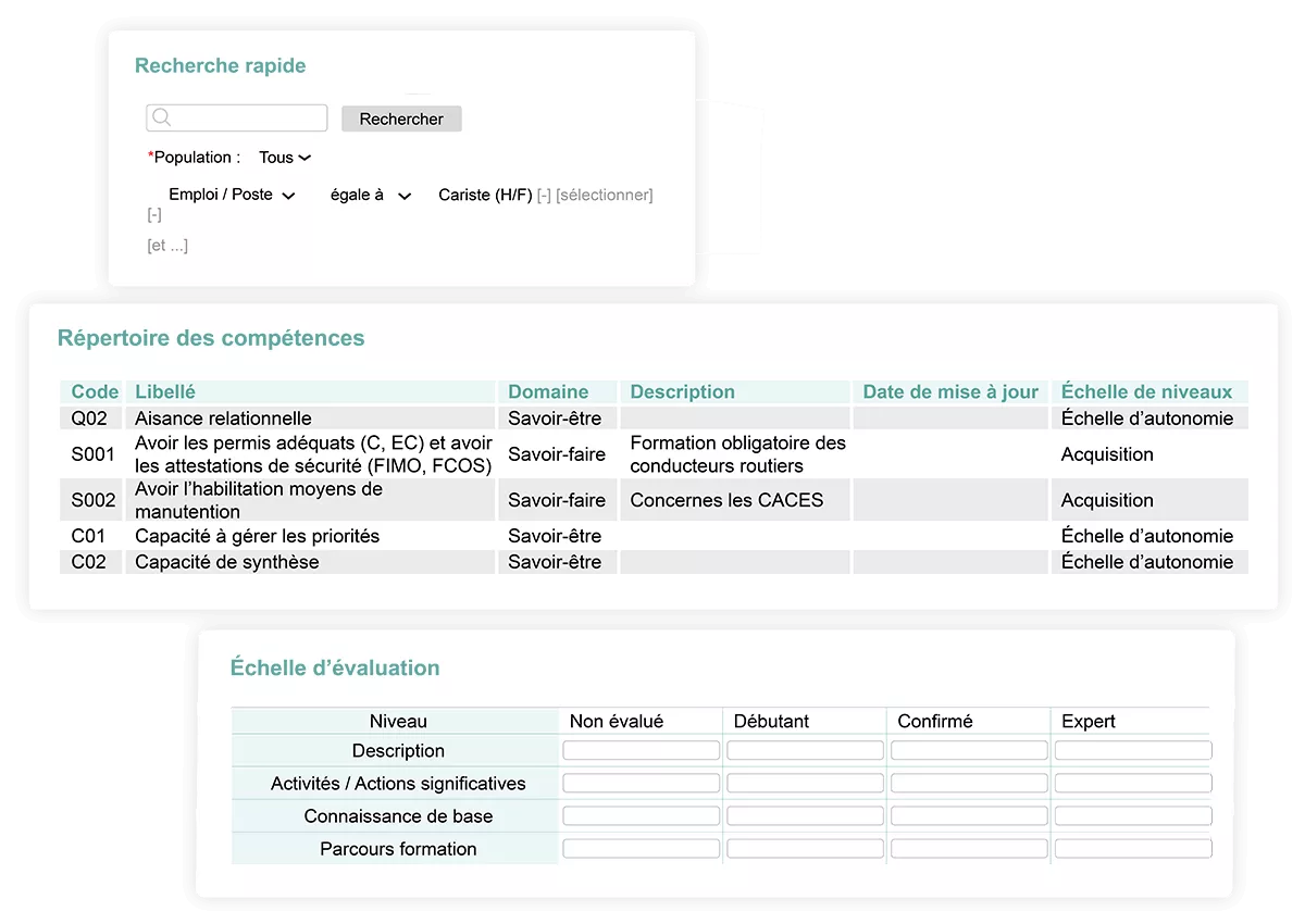 Widgets de recherche des compétences, du répertoire des compétences et de l'échelle d'évaluation du logiciel GPEC Kelio