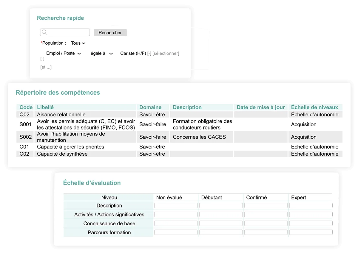 Widgets de recherche des compétences, du répertoire des compétences et de l'échelle d'évaluation du logiciel GPEC Kelio