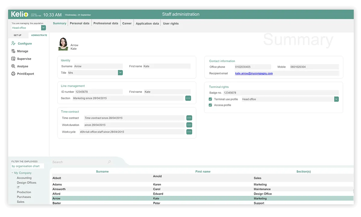 Screenshot from Kelio personnel management software displaying all HR information relating to an employee