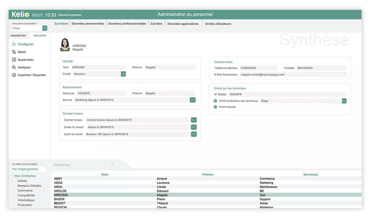 Ecran du logiciel de gestion du personnel Kelio présentant toutes les informations RH liées à un collaborateur