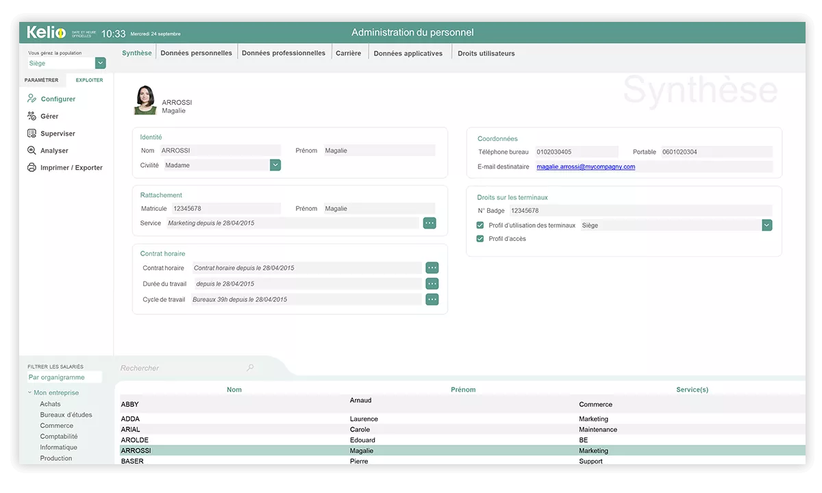 Ecran du logiciel de gestion du personnel Kelio présentant toutes les informations RH liées à un collaborateur
