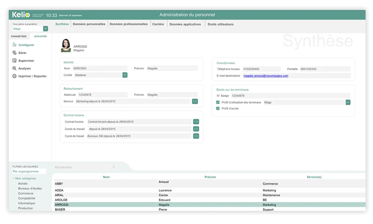 Ecran du logiciel de gestion du personnel Kelio présentant toutes les informations RH liées à un collaborateur