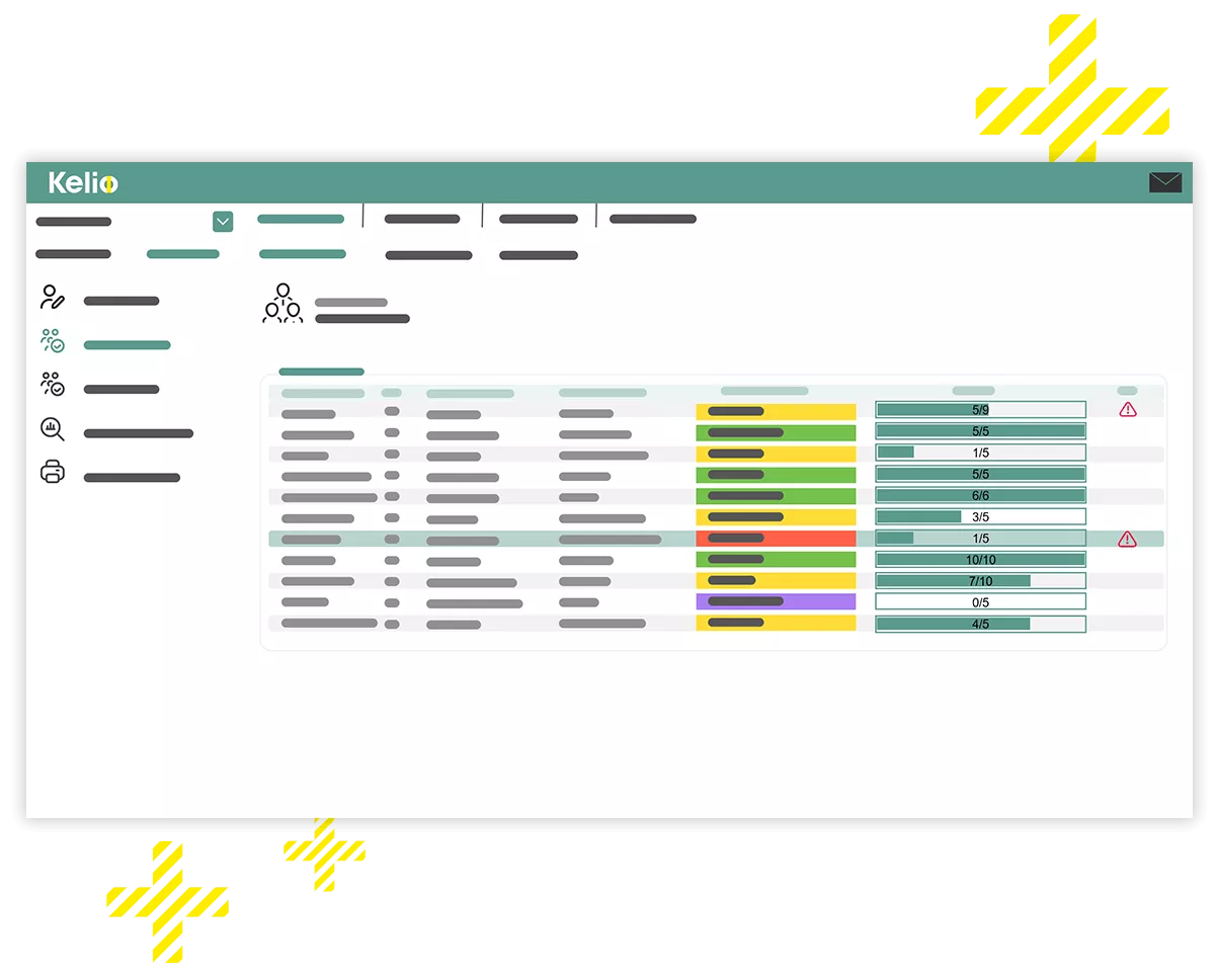 Ecran du logiciel d'onboarding Kelio affichant l'avancement et le statut des tâches