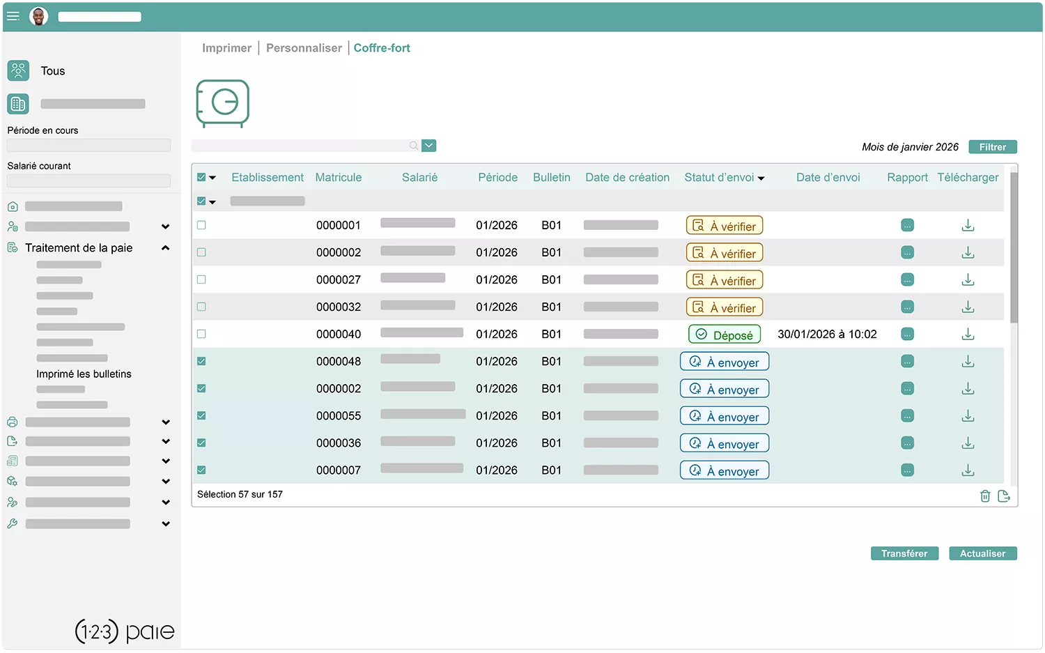 Ecran coffre-fort du logiciel Kelio pour transférer automatiquement les bulletins de paie