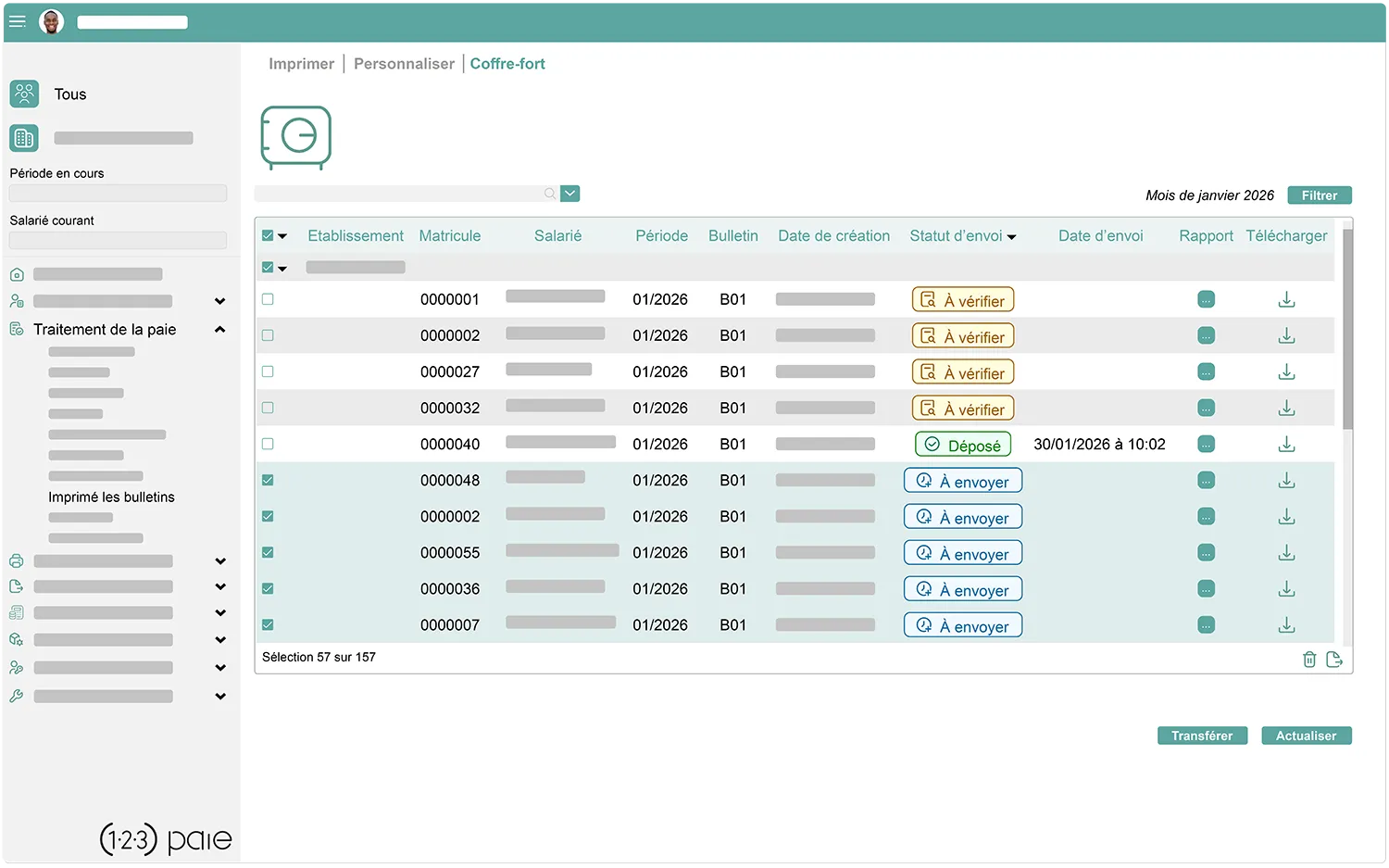 Ecran coffre-fort du logiciel Kelio pour transférer automatiquement les bulletins de paie