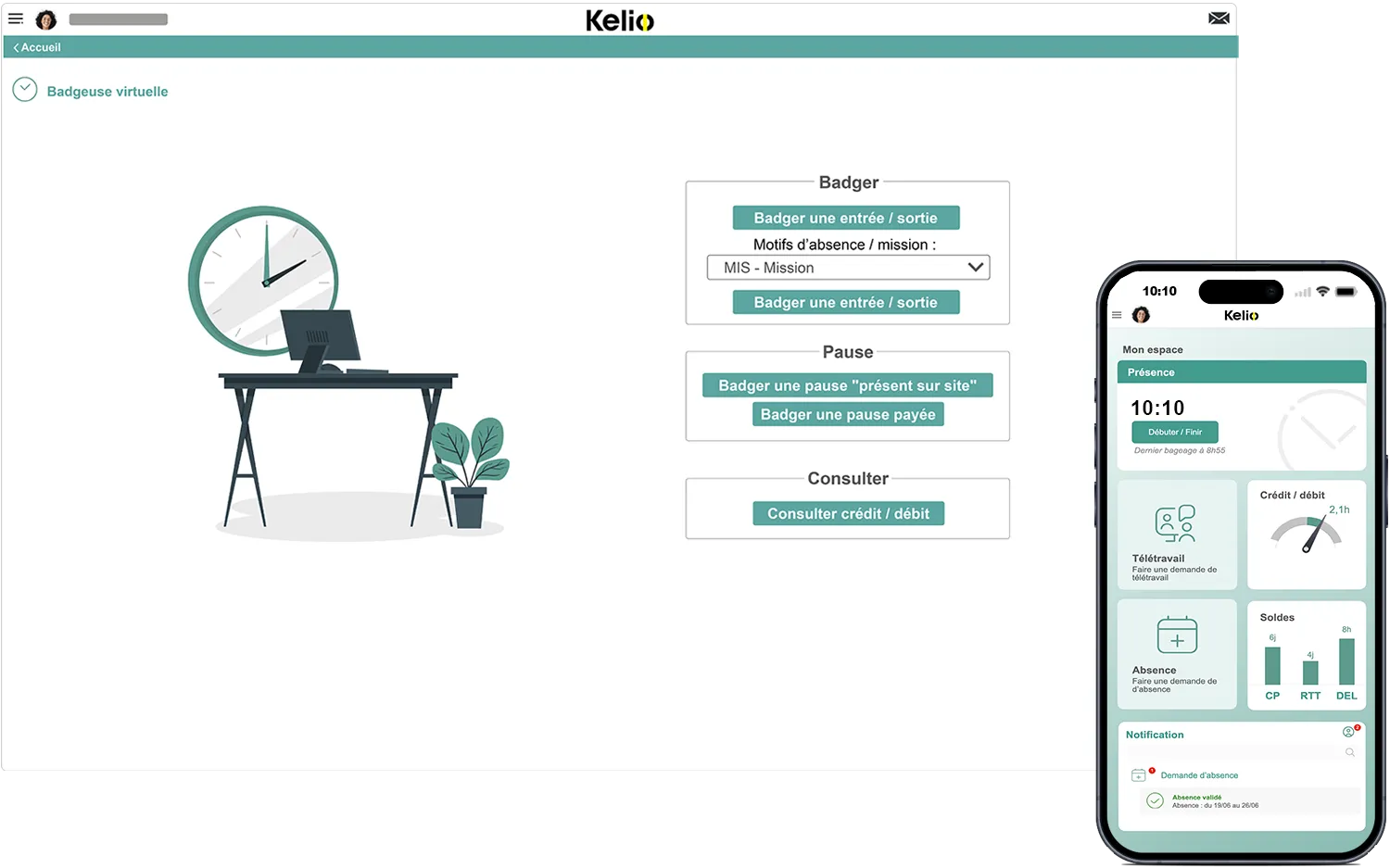 Ecran gestion des temps du logiciel Kelio pour badger virtuellement