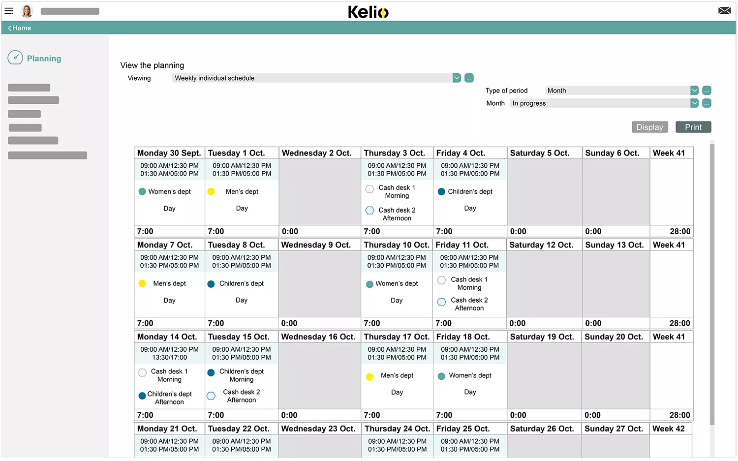 Kelio software planning screen for employees